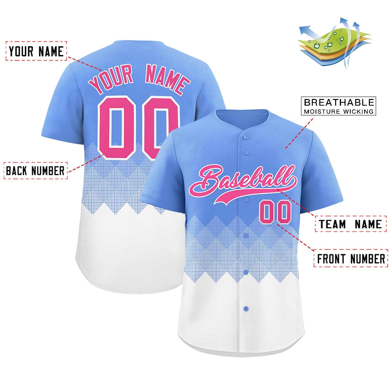 Custom Light Blue White Grid Blur Pattern Authentic Baseball Jersey
