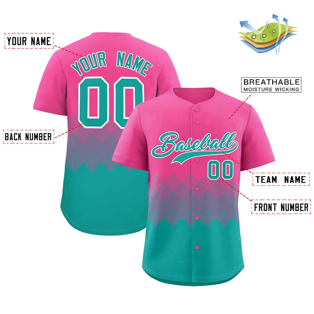 Custom Pink Aqua Grid Blur Pattern Authentic Baseball Jersey