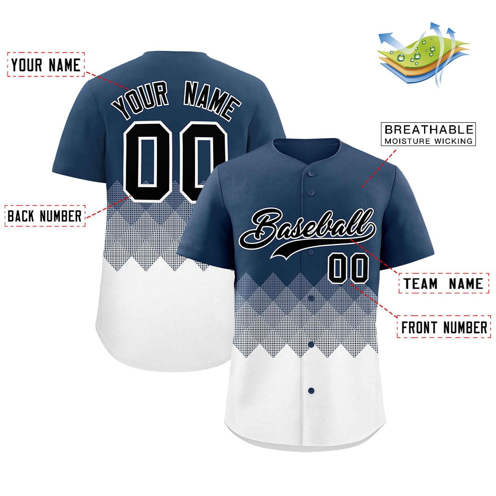 Custom Midnight Blue White Grid Blur Pattern Authentic Baseball Jersey