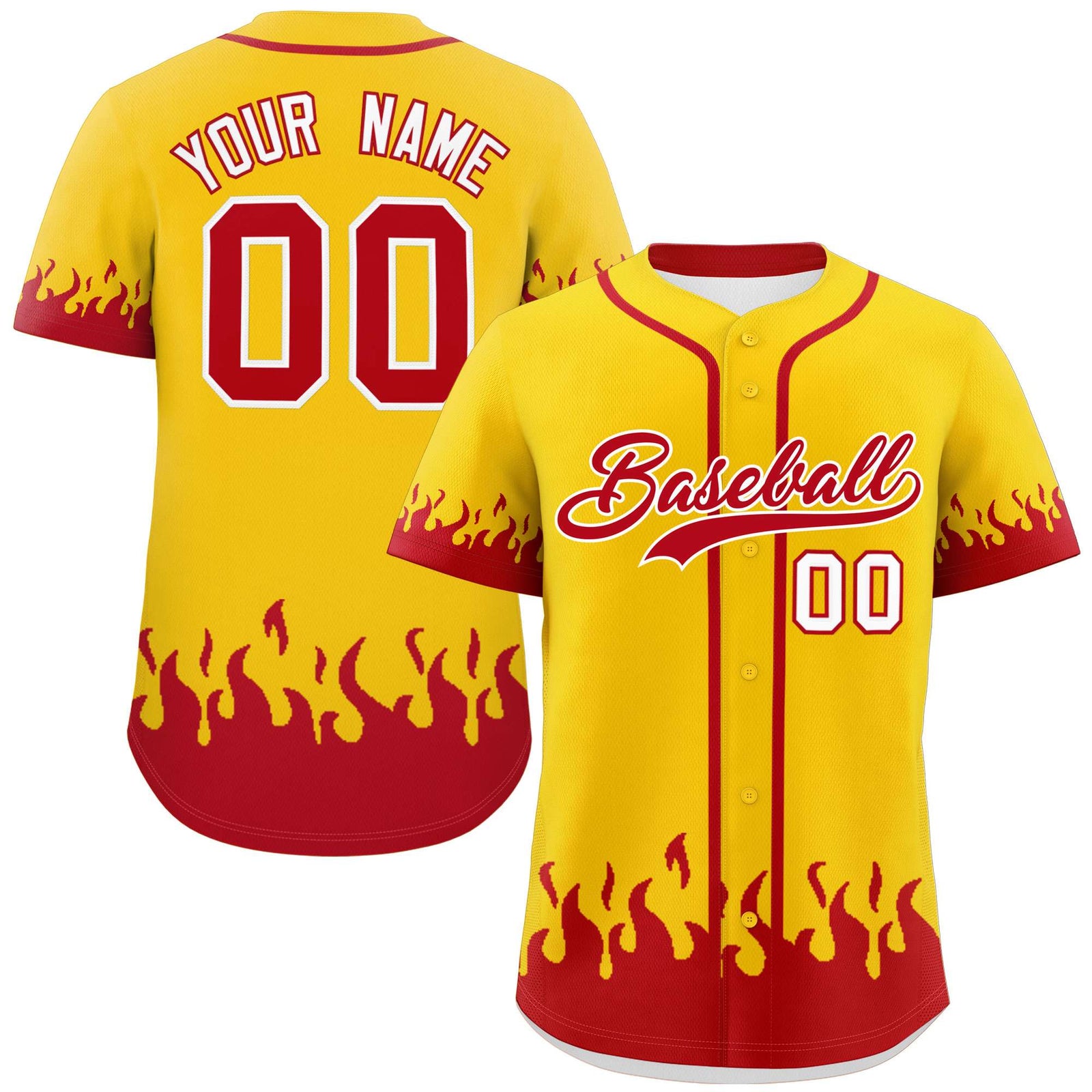 Custom Gold Red Personalized Flame Graffiti Pattern Authentic Baseball Jersey