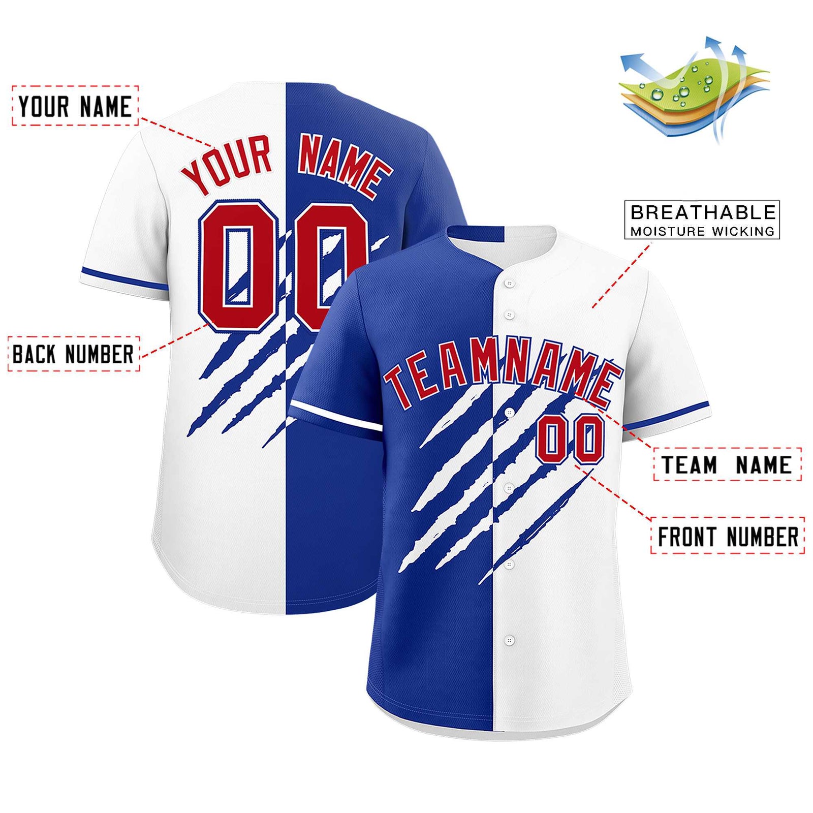 Custom Royal Blue White Split Tiger Claw Scratch Pattern Baseball Jersey
