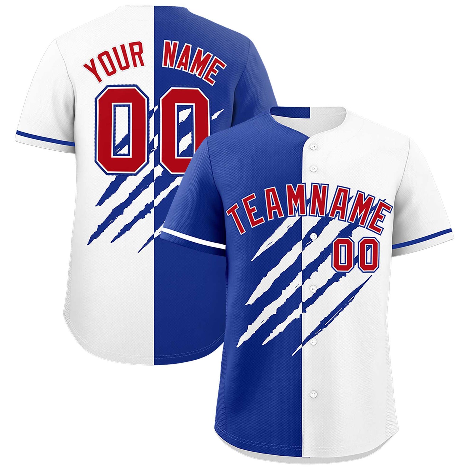 Custom Royal Blue White Split Tiger Claw Scratch Pattern Baseball Jersey