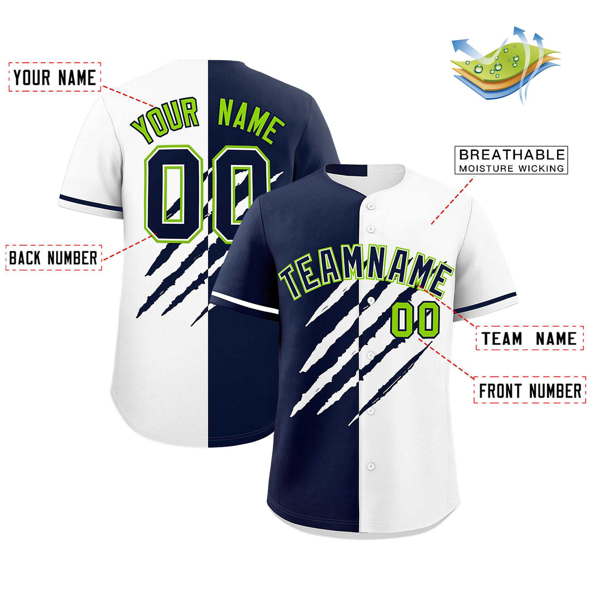Custom Navy White Split Tiger Claw Scratch Pattern Baseball Jersey
