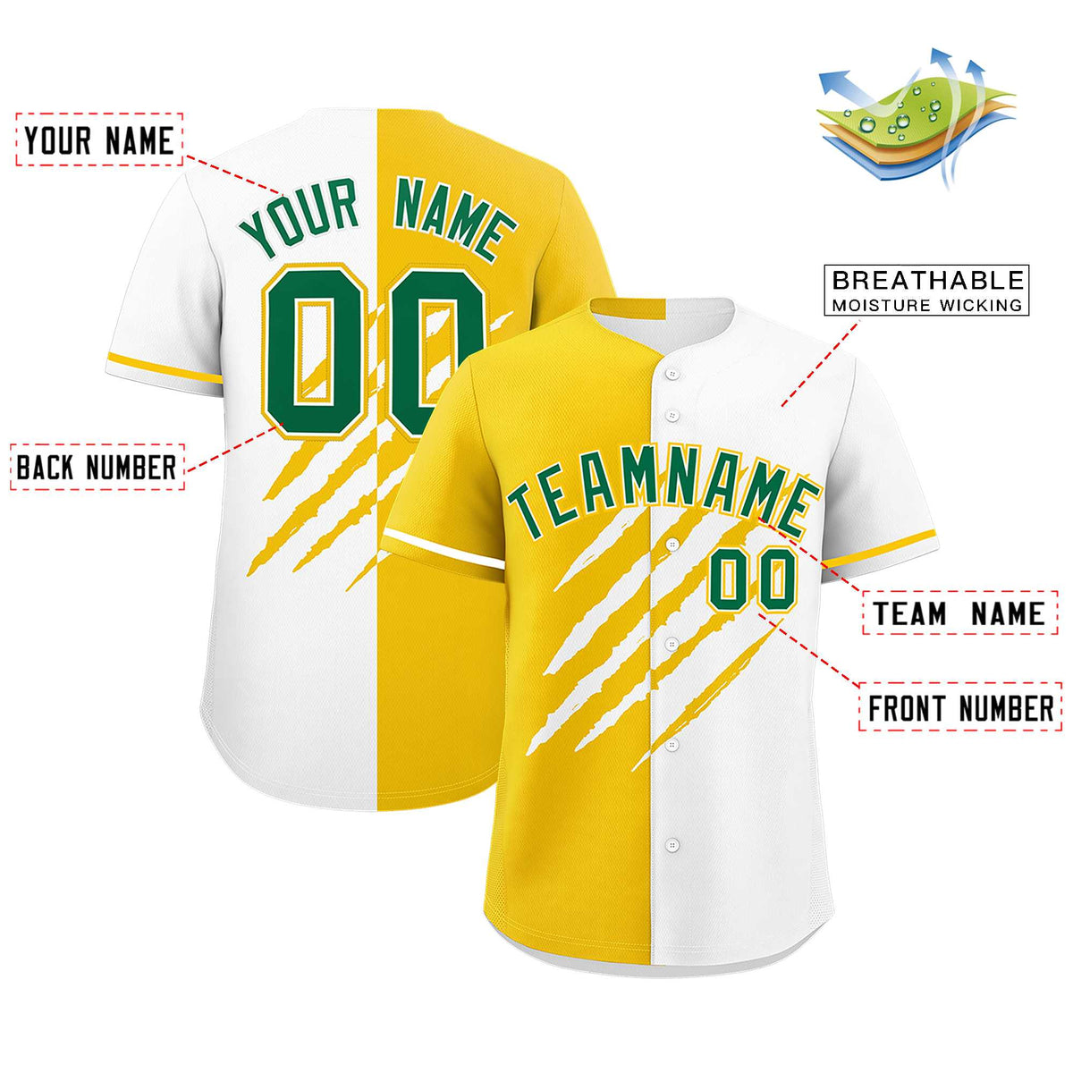 Custom Gold White Split Tiger Claw Scratch Pattern Baseball Jersey