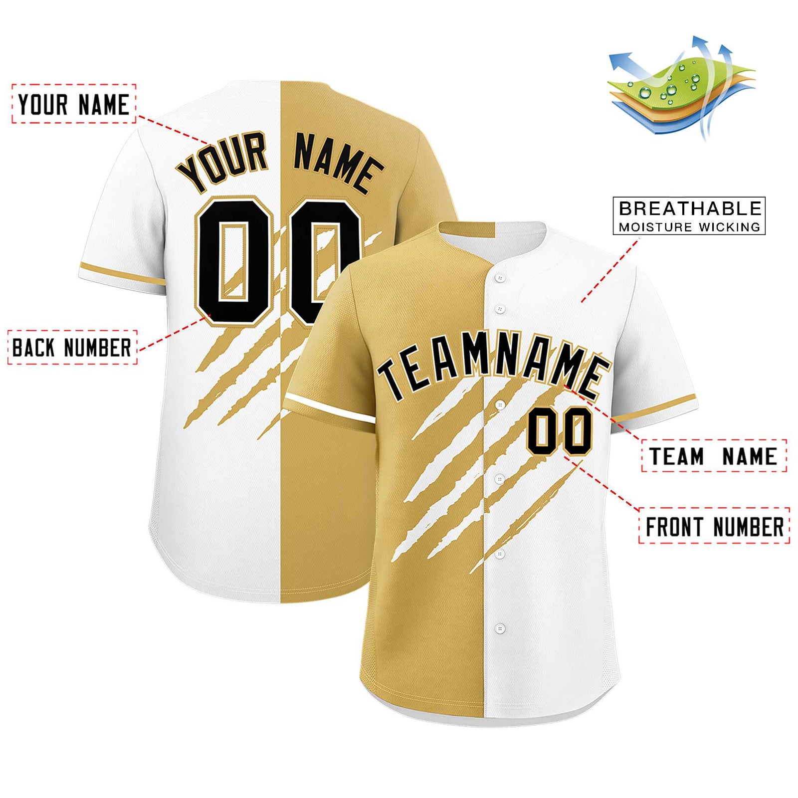 Custom Old Gold White Split Tiger Claw Scratch Pattern Baseball Jersey