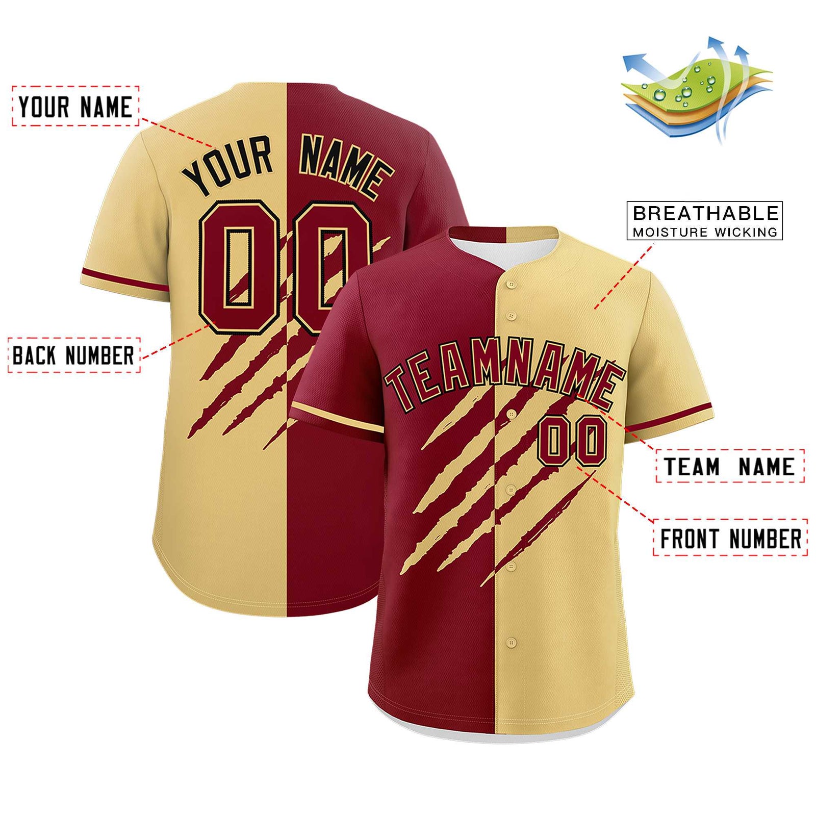Custom Crimson Khaki Split Tiger Claw Scratch Pattern Baseball Jersey
