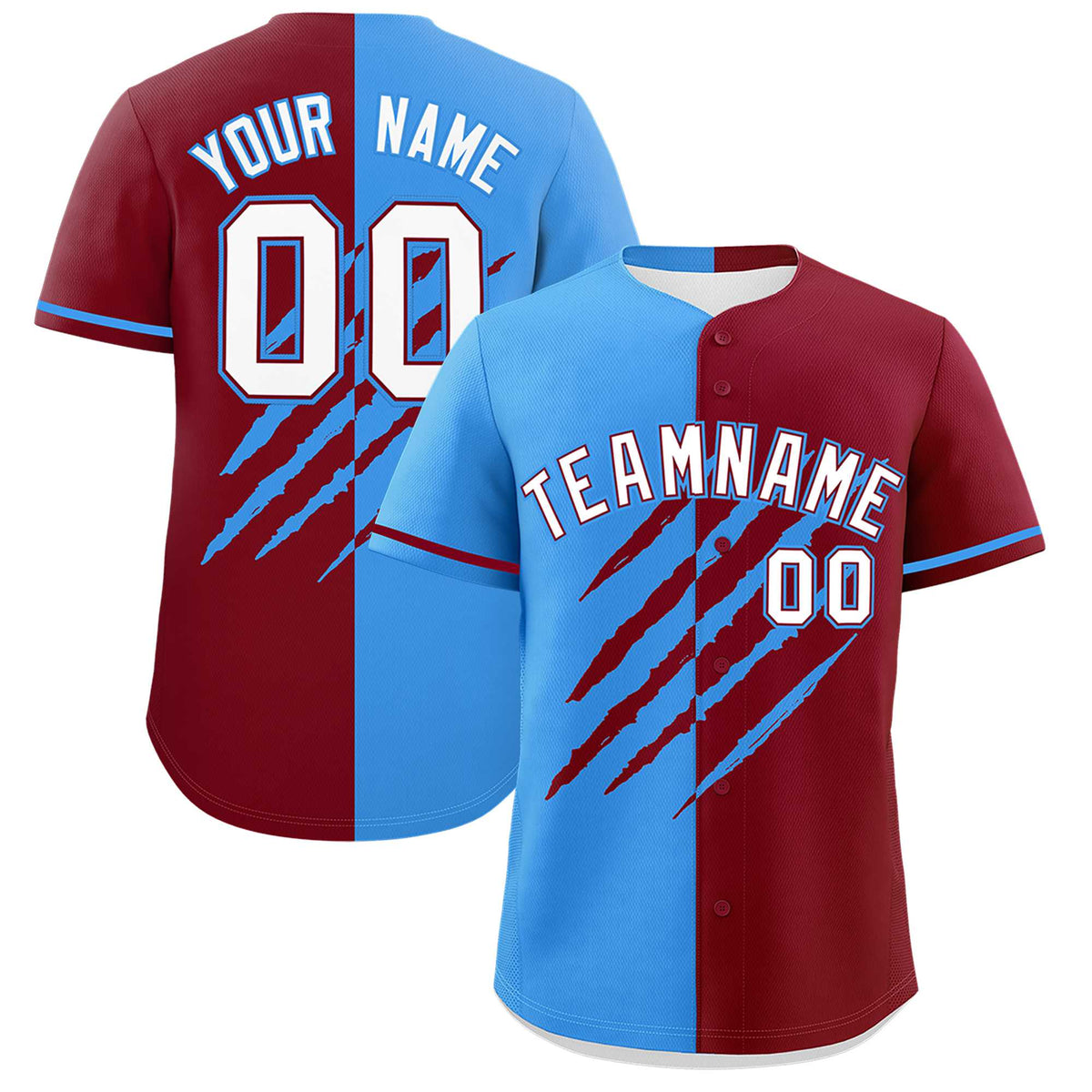 Custom Powder Blue Crimson Split Tiger Claw Scratch Pattern Baseball Jersey