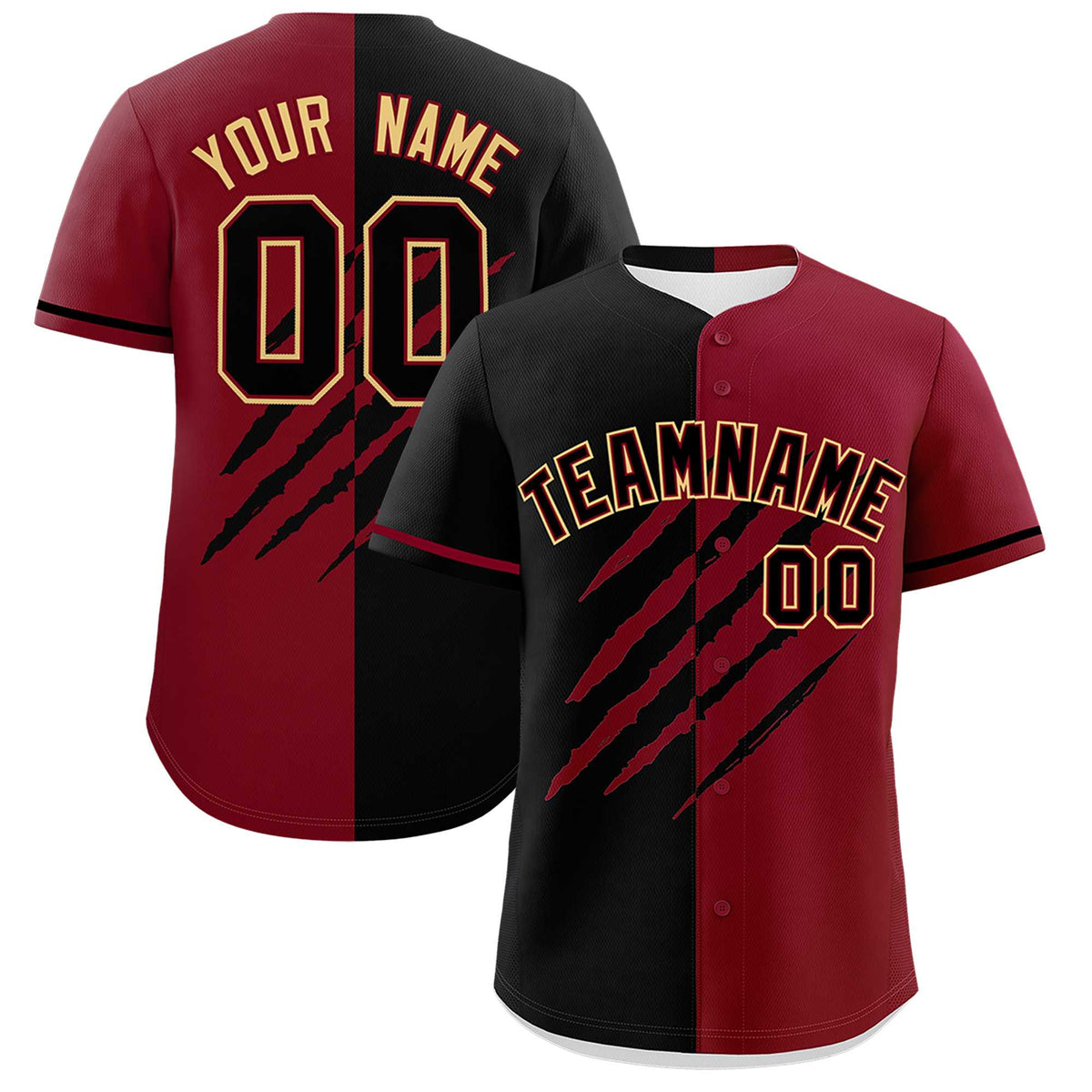 Custom Black Crimson Split Tiger Claw Scratch Pattern Baseball Jersey