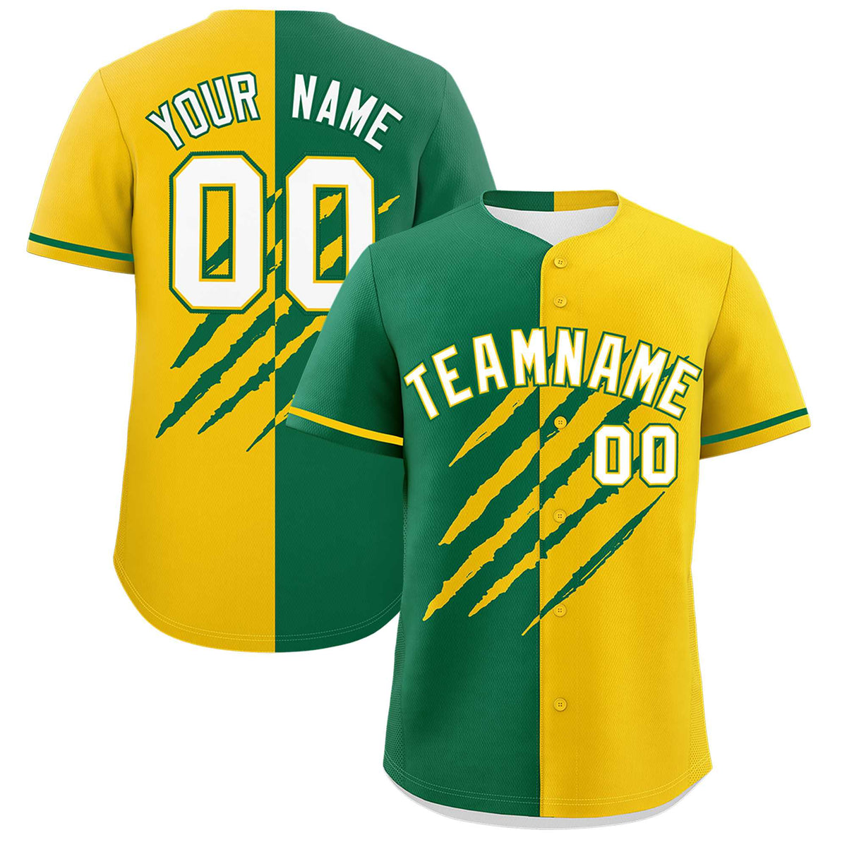 Custom Kelly Green Gold Split Tiger Claw Scratch Pattern Baseball Jersey