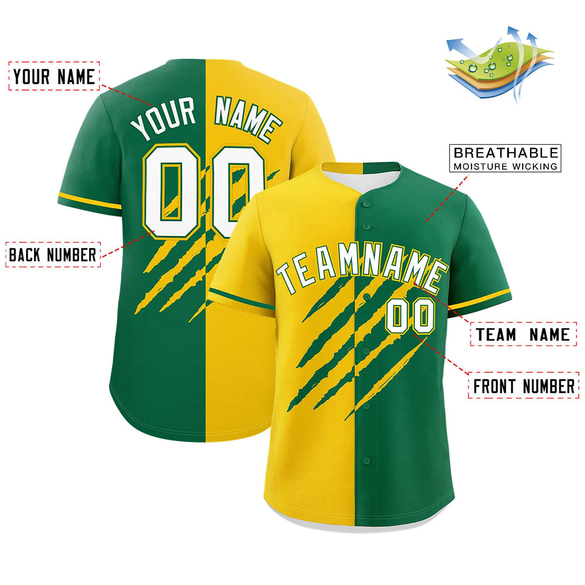 Custom Gold Kelly Green Split Tiger Claw Scratch Pattern Baseball Jersey