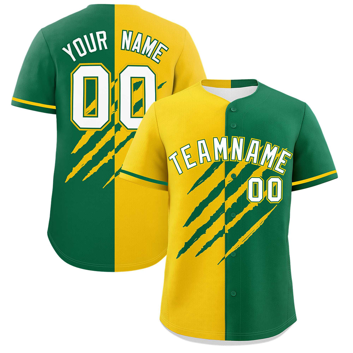 Custom Gold Kelly Green Split Tiger Claw Scratch Pattern Baseball Jersey