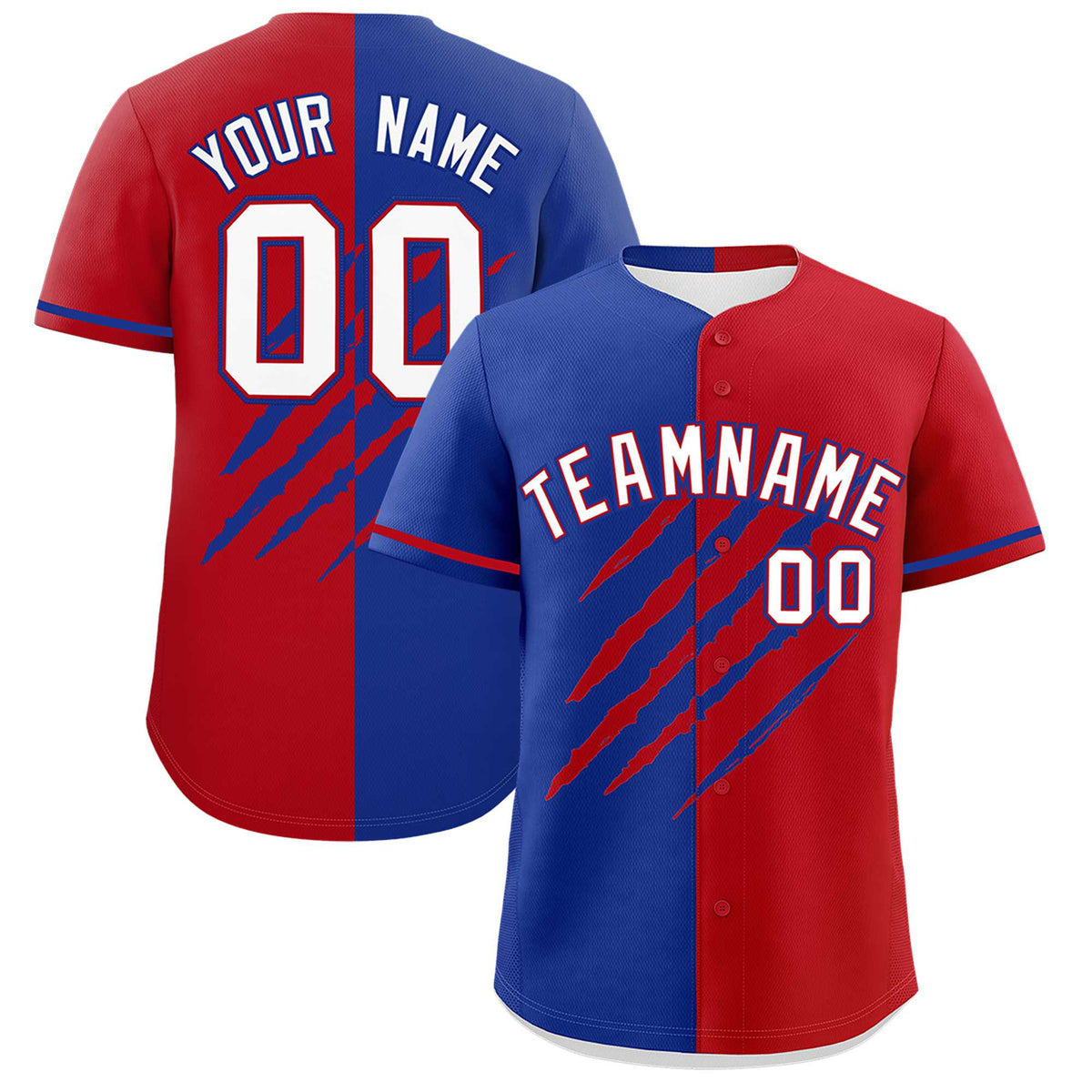 Custom Royal Blue Red Split Tiger Claw Scratch Pattern Baseball Jersey