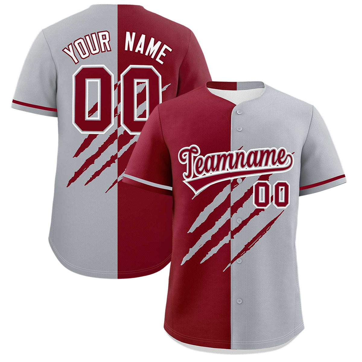Custom Crimson Gray Split Tiger Claw Scratch Pattern Baseball Jersey