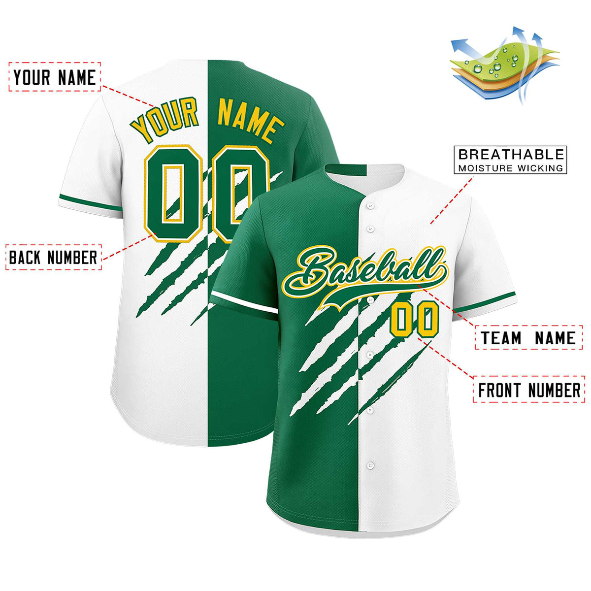 Custom Kelly Green White Split Tiger Claw Scratch Pattern Baseball Jersey