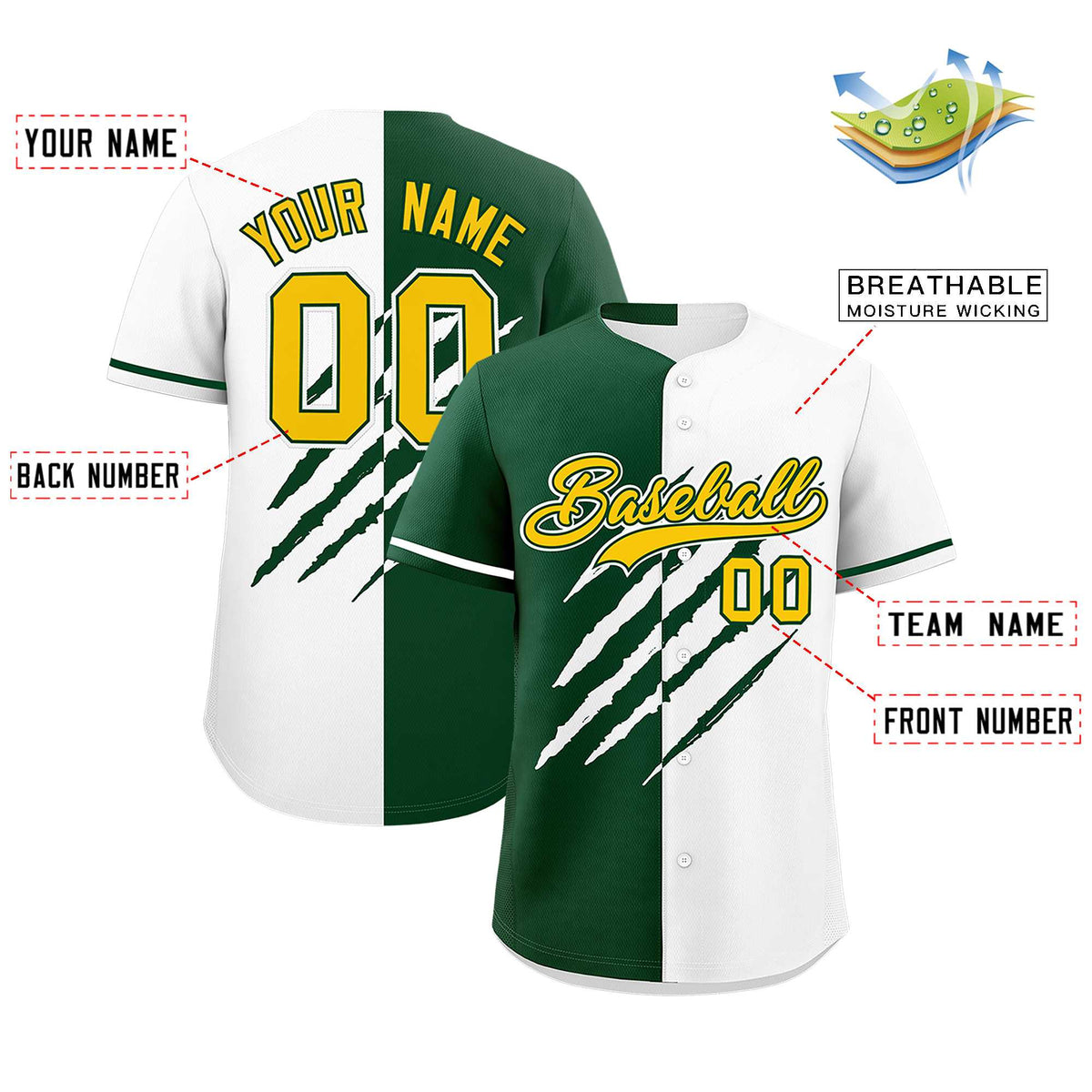 Custom Green White Split Tiger Claw Scratch Pattern Baseball Jersey