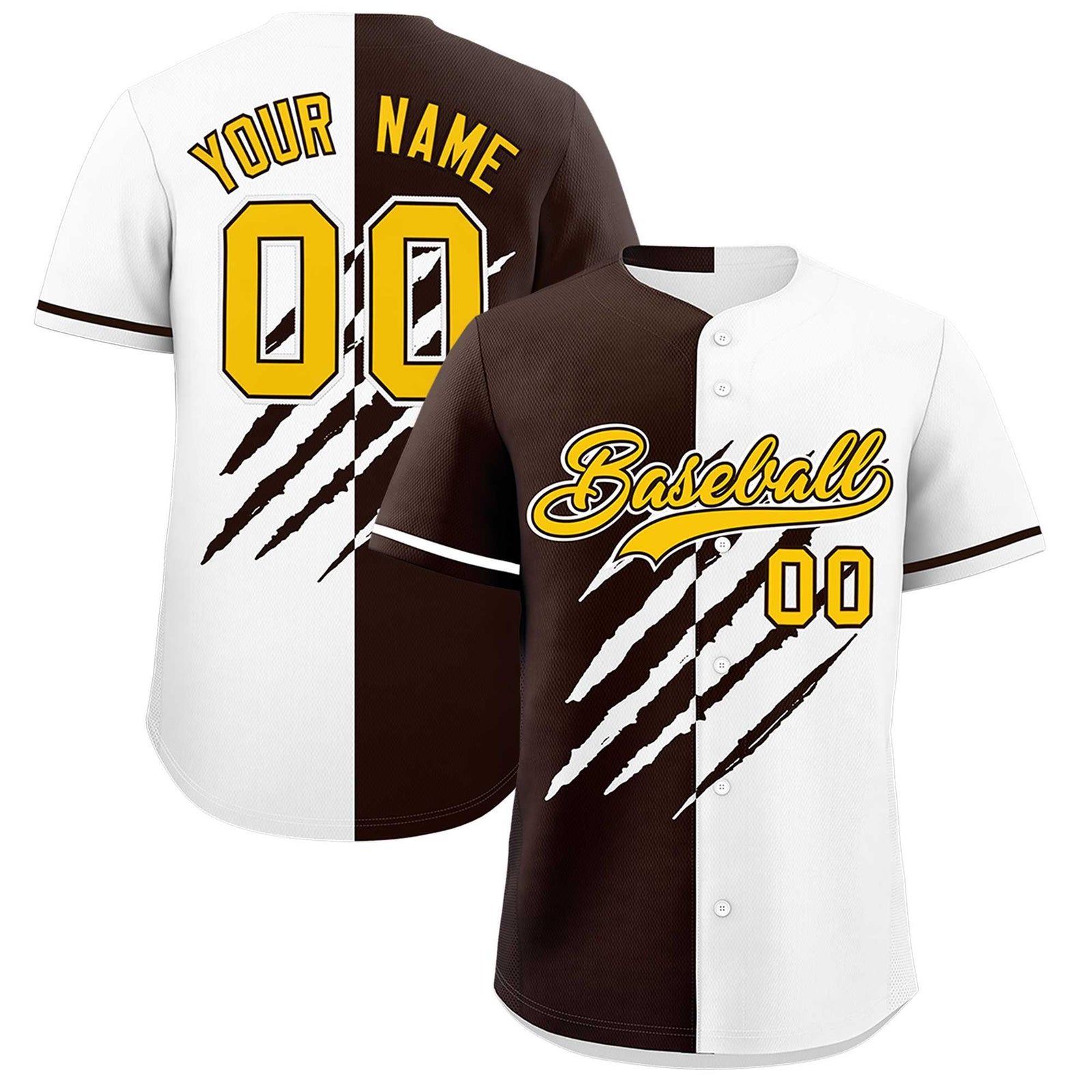 Custom Brown White Split Tiger Claw Scratch Pattern Baseball Jersey