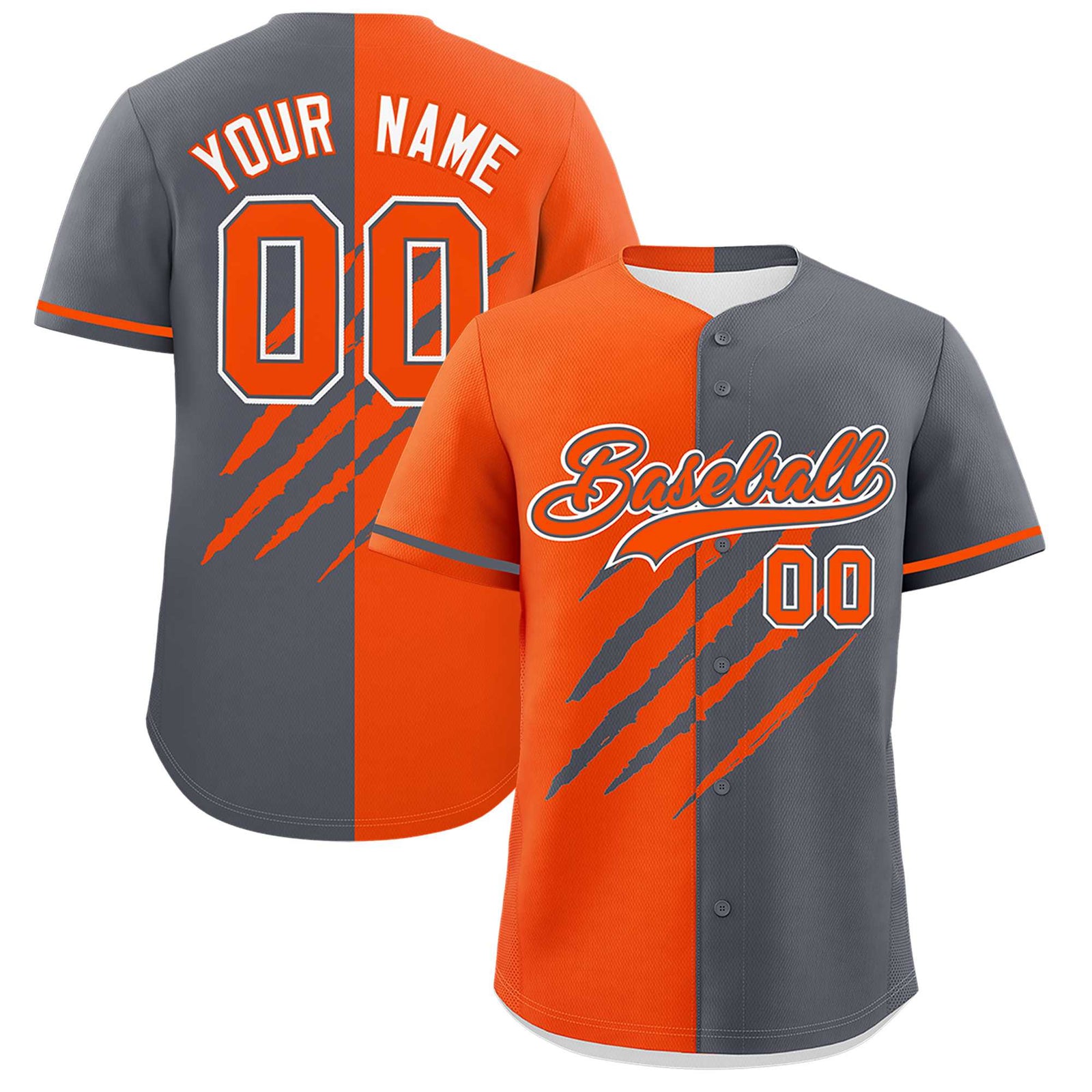Custom Orange Dark Gray Split Tiger Claw Scratch Pattern Baseball Jersey