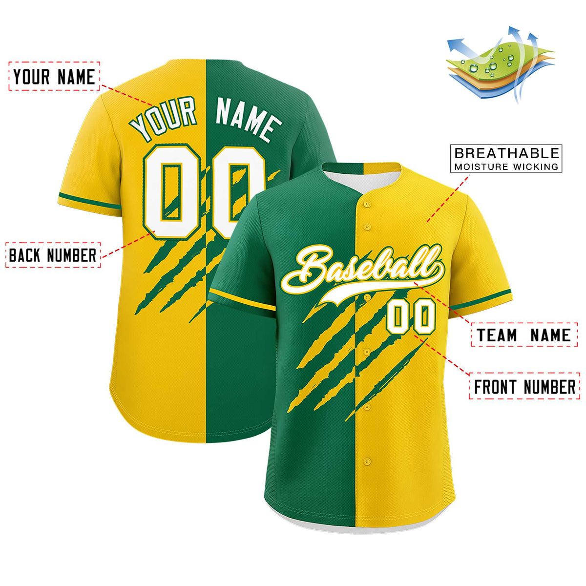 Custom Kelly Green Gold Split Tiger Claw Scratch Pattern Baseball Jersey