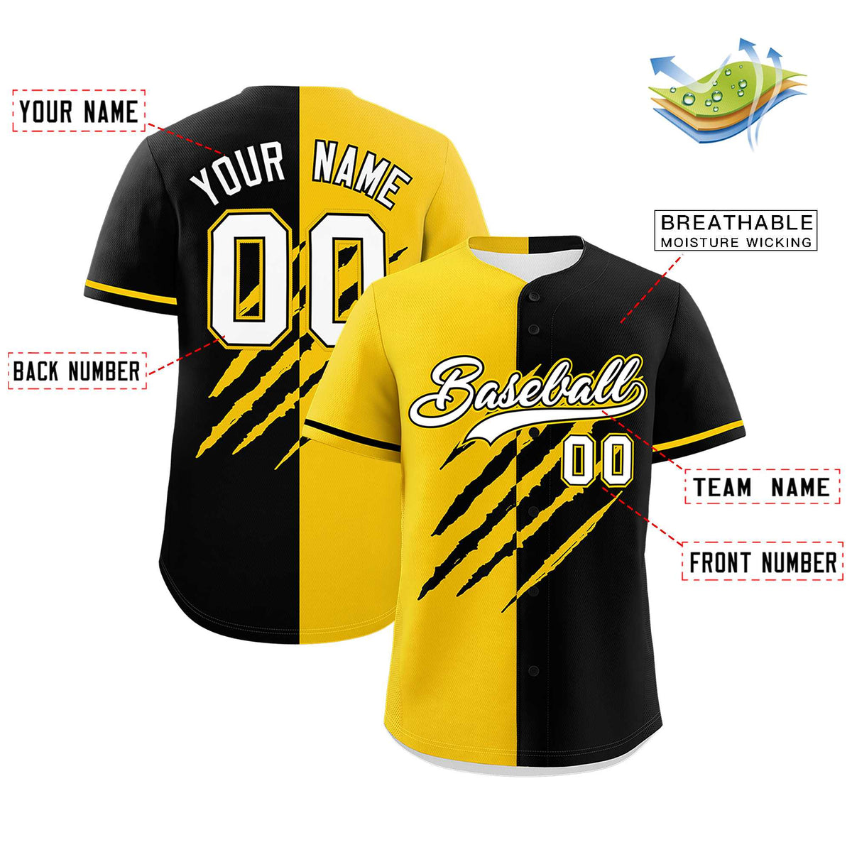 Custom Gold Black Split Tiger Claw Scratch Pattern Baseball Jersey