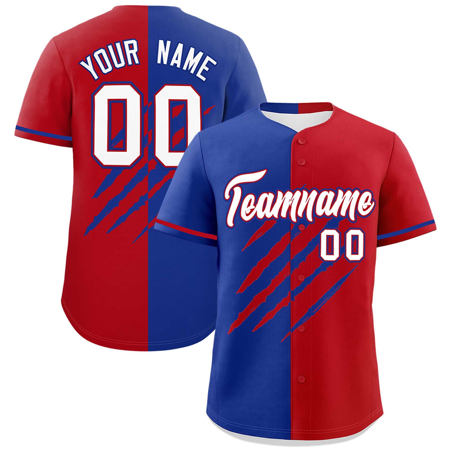 Custom Royal Blue Red Split Tiger Claw Scratch Pattern Baseball Jersey