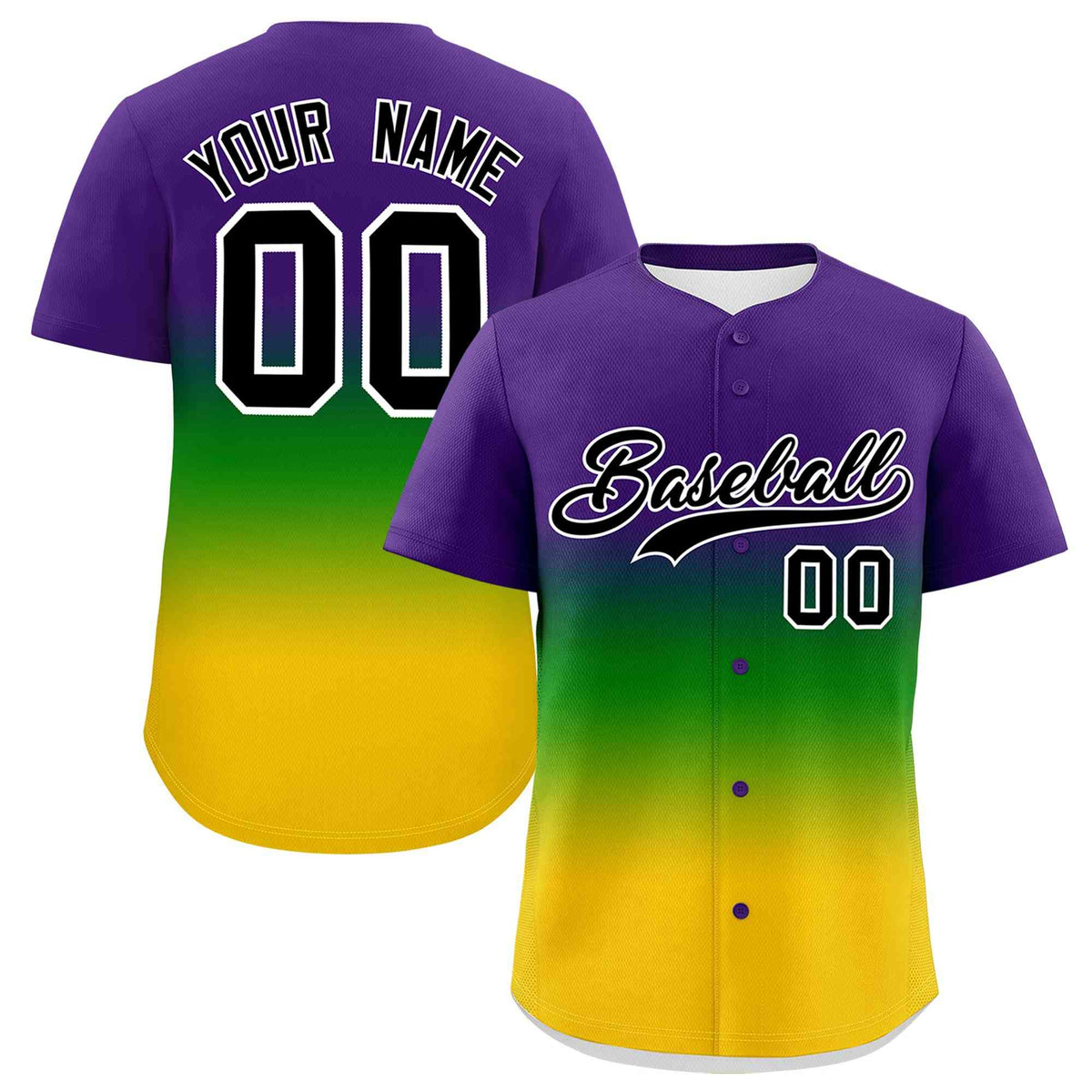 Custom Purple Kelly Green Gold Personalization Gradient Mardi Gras Authentic Baseball Jersey| KXKSHOP