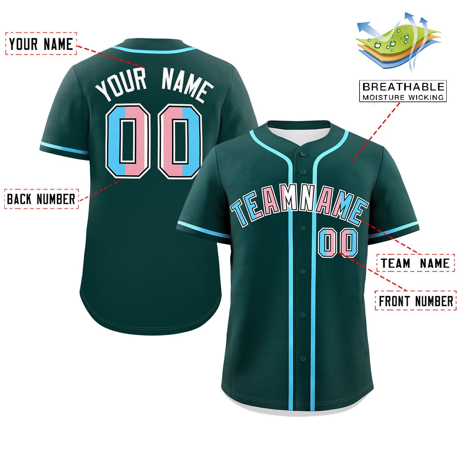 Custom Midnight Green Powder Blue Transgender For Pride Month Classic Style Baseball Jersey| KXKSHOP