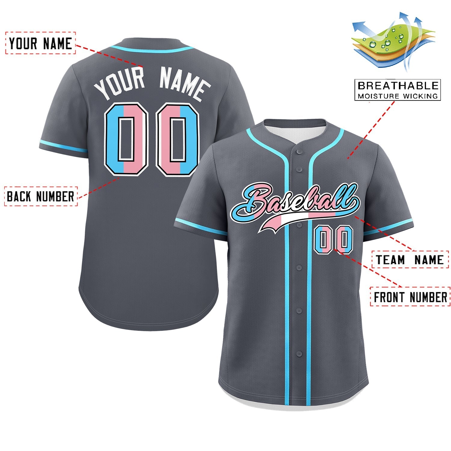 Custom Dark Gray Powder Blue Transgender For Pride Month Classic Style Baseball Jersey| KXKSHOP