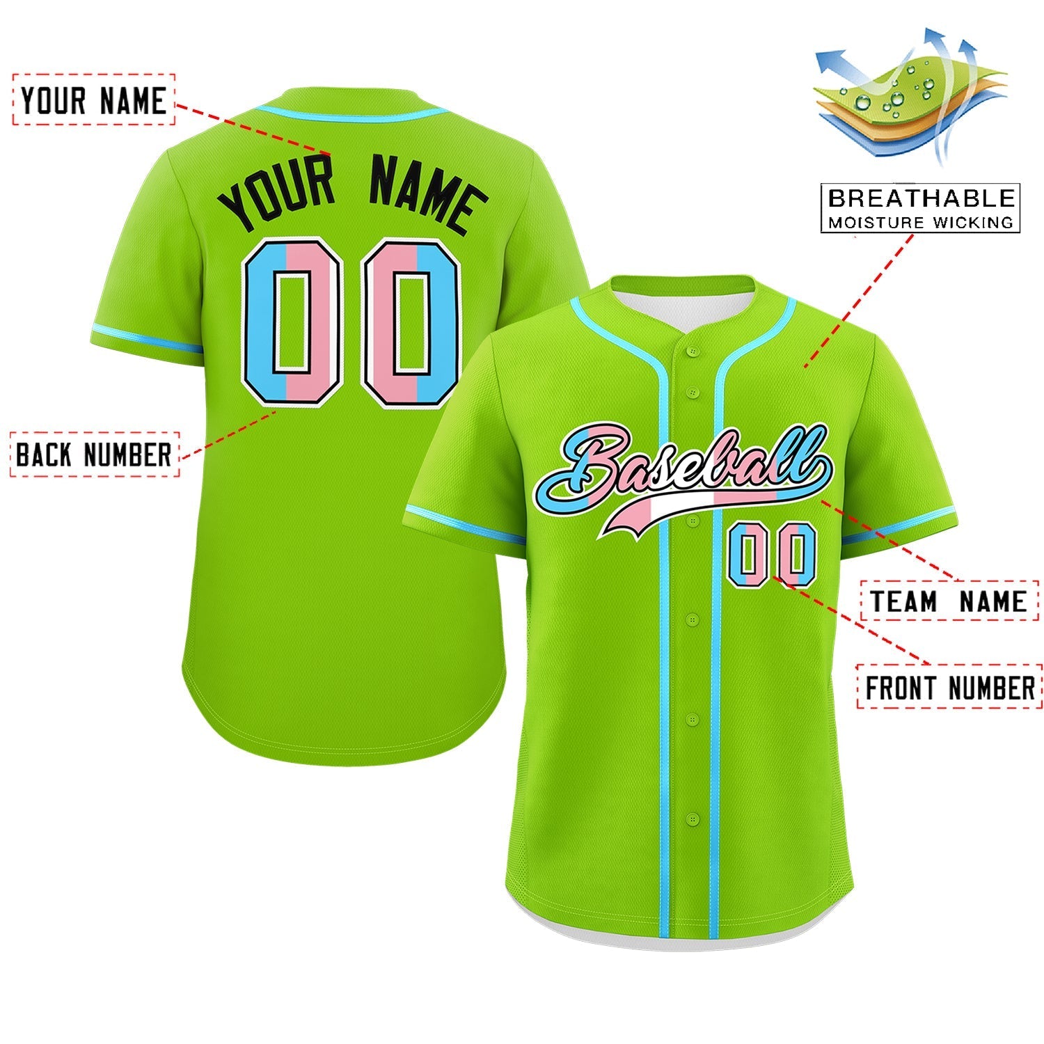 Custom Neon Green Powder Blue Transgender For Pride Month Classic Style Baseball Jersey| KXKSHOP