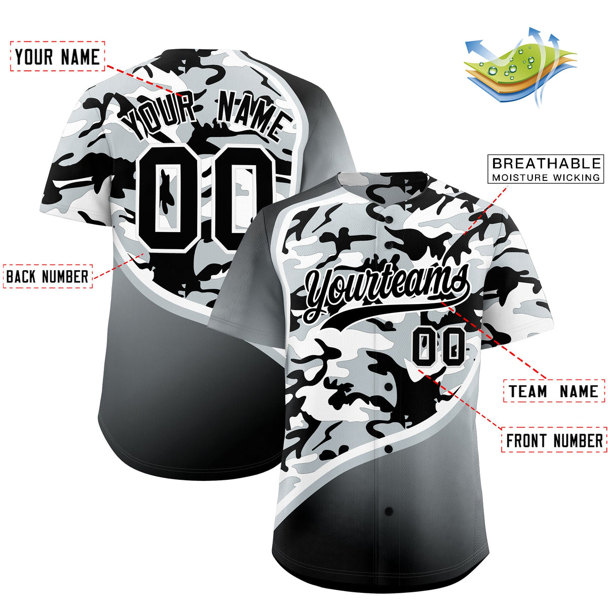 Custom Black Silver White Camo Gradient Fashion Baseball Jersey | Perfect for Training,Sublimation Printed &amp; Stitched,Add Name and Numbern,Perfect for Teams | KXKSHOP