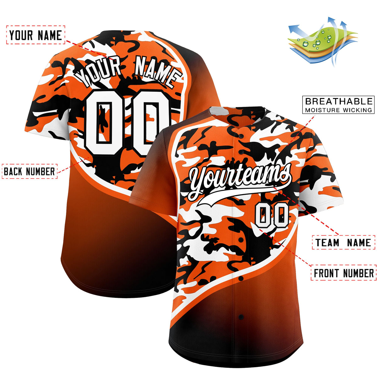 Custom Orange White Black Camo Gradient Fashion Baseball Jersey | Perfect for Training,Sublimation Printed &amp; Stitched,Add Name and Numbern,Perfect for Teams | KXKSHOP