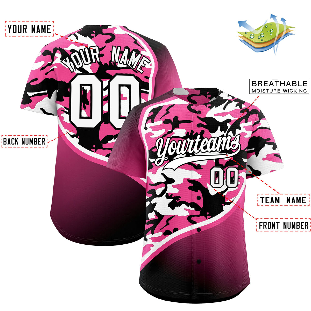 Custom Pink Black White Camo Gradient Fashion Baseball Jersey | Perfect for Training,Sublimation Printed &amp; Stitched,Add Name and Numbern,Perfect for Teams | KXKSHOP