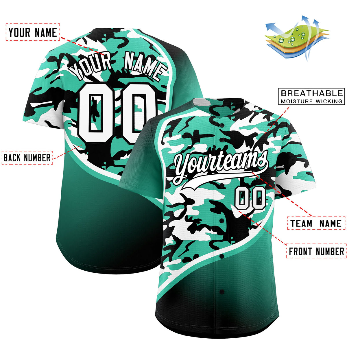 Custom Bright Green Black White Camo Gradient Fashion Baseball Jersey | Perfect for Training,Sublimation Printed &amp; Stitched,Add Name and Numbern,Perfect for Teams | KXKSHOP