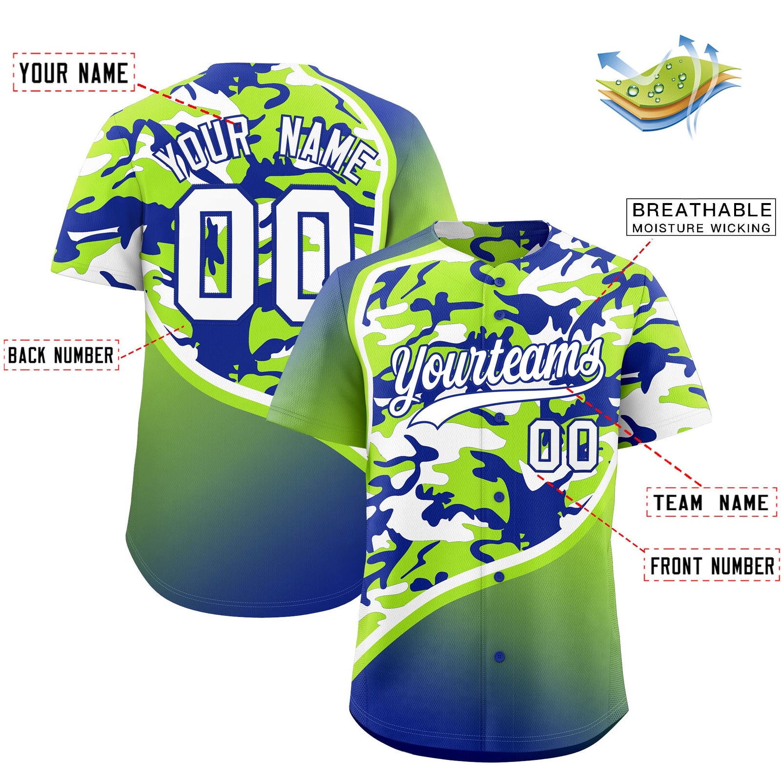 Custom Neon Green Royal Blue White Camo Gradient Fashion Baseball Jersey | Perfect for Training,Sublimation Printed & Stitched,Add Name and Numbern,Perfect for Teams | KXKSHOP