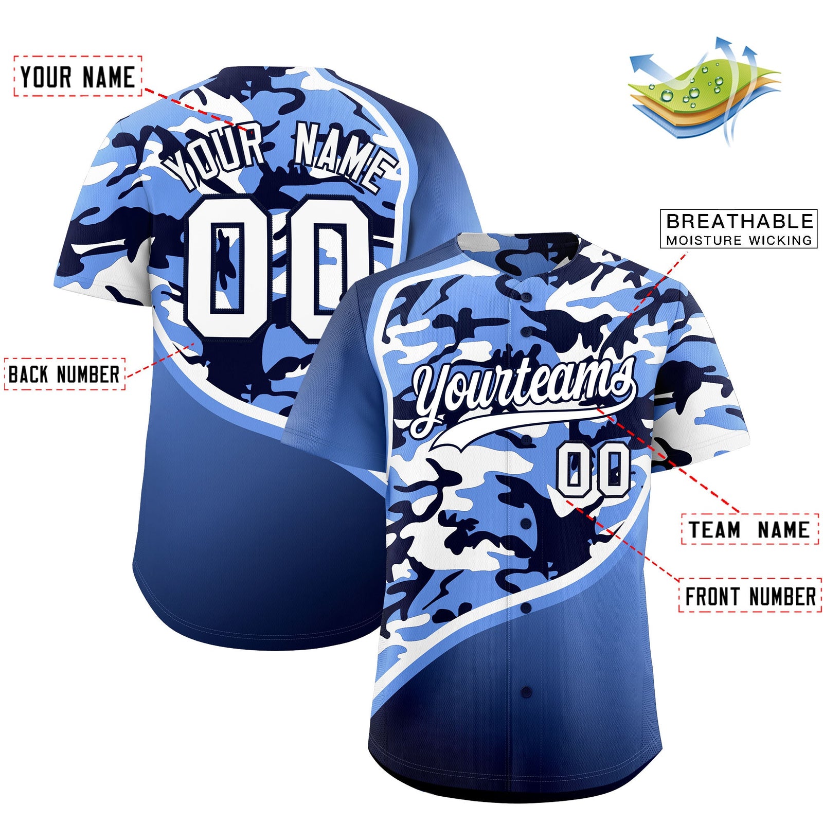 Custom Light Blue Navy White Camo Gradient Fashion Baseball Jersey | Perfect for Training,Sublimation Printed & Stitched,Add Name and Numbern,Perfect for Teams | KXKSHOP