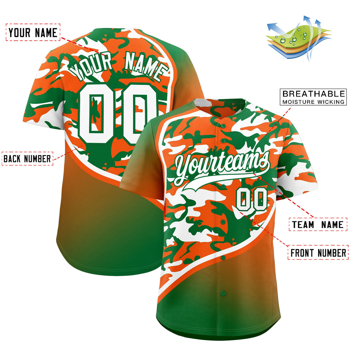 Custom Orange Kelly Green White Camo Gradient Fashion Baseball Jersey | Perfect for Training,Sublimation Printed &amp; Stitched,Add Name and Numbern,Perfect for Teams | KXKSHOP