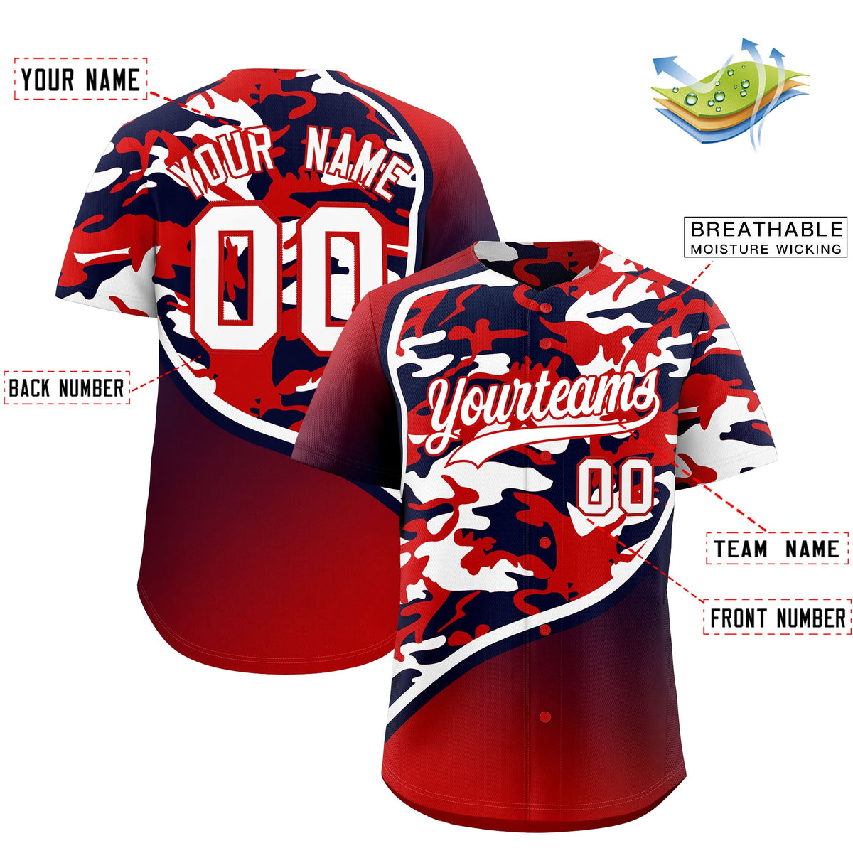 Custom Red Navy White Camo Gradient Fashion Baseball Jersey | Perfect for Training,Sublimation Printed &amp; Stitched,Add Name and Numbern,Perfect for Teams | KXKSHOP