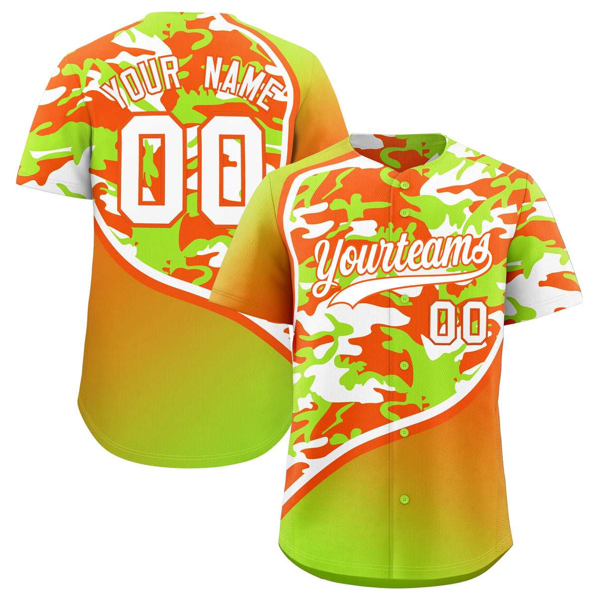 Custom Neon Green Orange White Camo Gradient Fashion Baseball Jersey | Perfect for Training,Sublimation Printed &amp; Stitched,Add Name and Numbern,Perfect for Teams | KXKSHOP