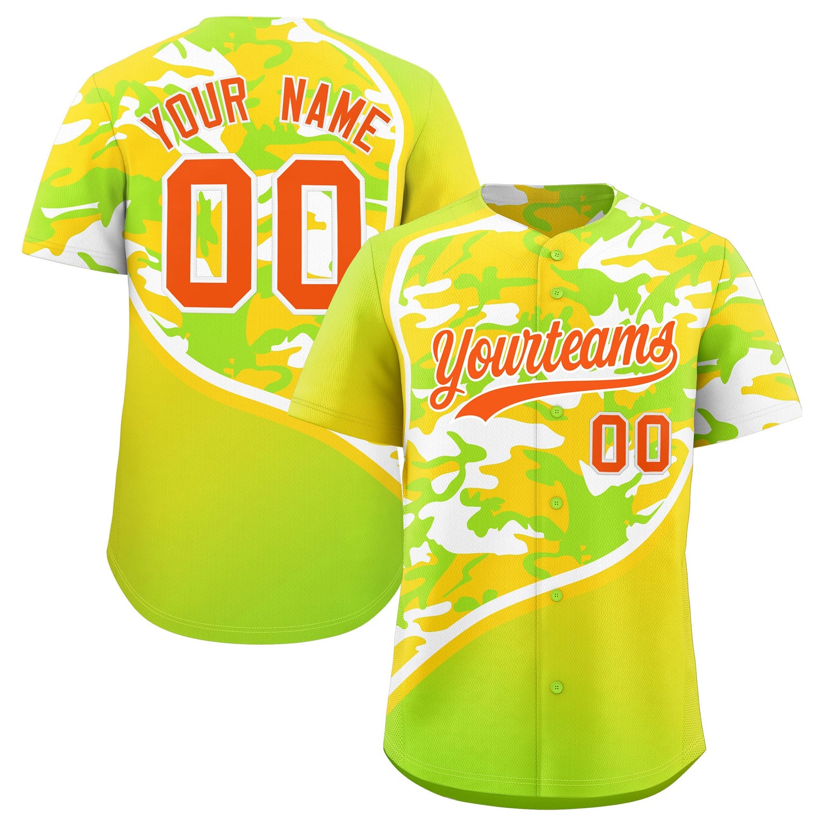 Custom Neon Green Gold White Camo Gradient Fashion Baseball Jersey | Perfect for Training,Sublimation Printed & Stitched,Add Name and Numbern,Perfect for Teams | KXKSHOP