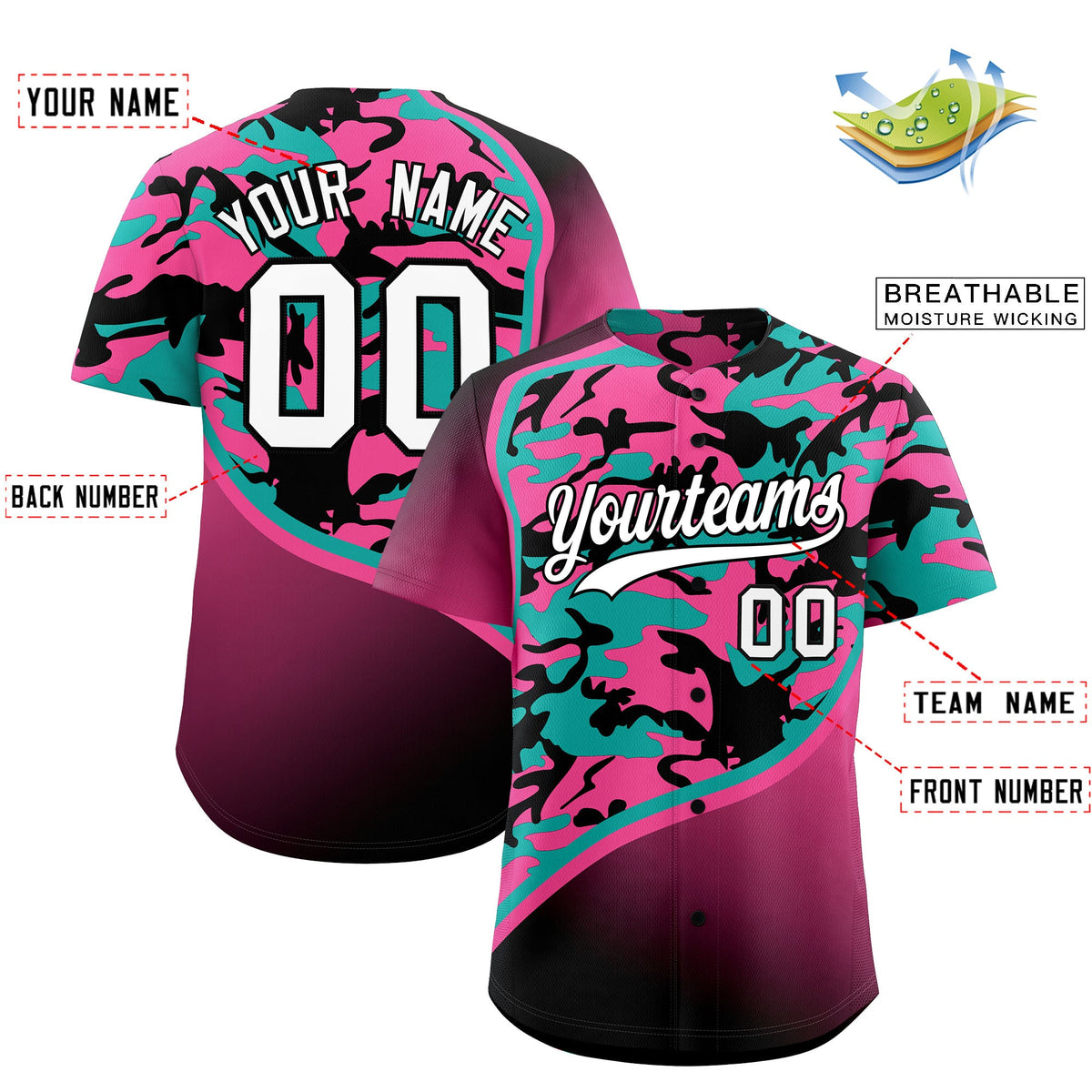 Custom Aqua Pink Black Camo Gradient Fashion Baseball Jersey | Perfect for Training,Sublimation Printed &amp; Stitched,Add Name and Numbern,Perfect for Teams | KXKSHOP