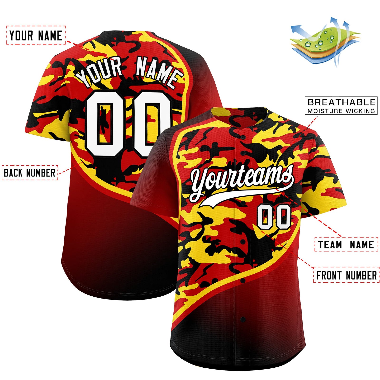 Custom Red Gold Black Camo Gradient Fashion Baseball Jersey | Perfect for Training,Sublimation Printed & Stitched,Add Name and Numbern,Perfect for Teams | KXKSHOP