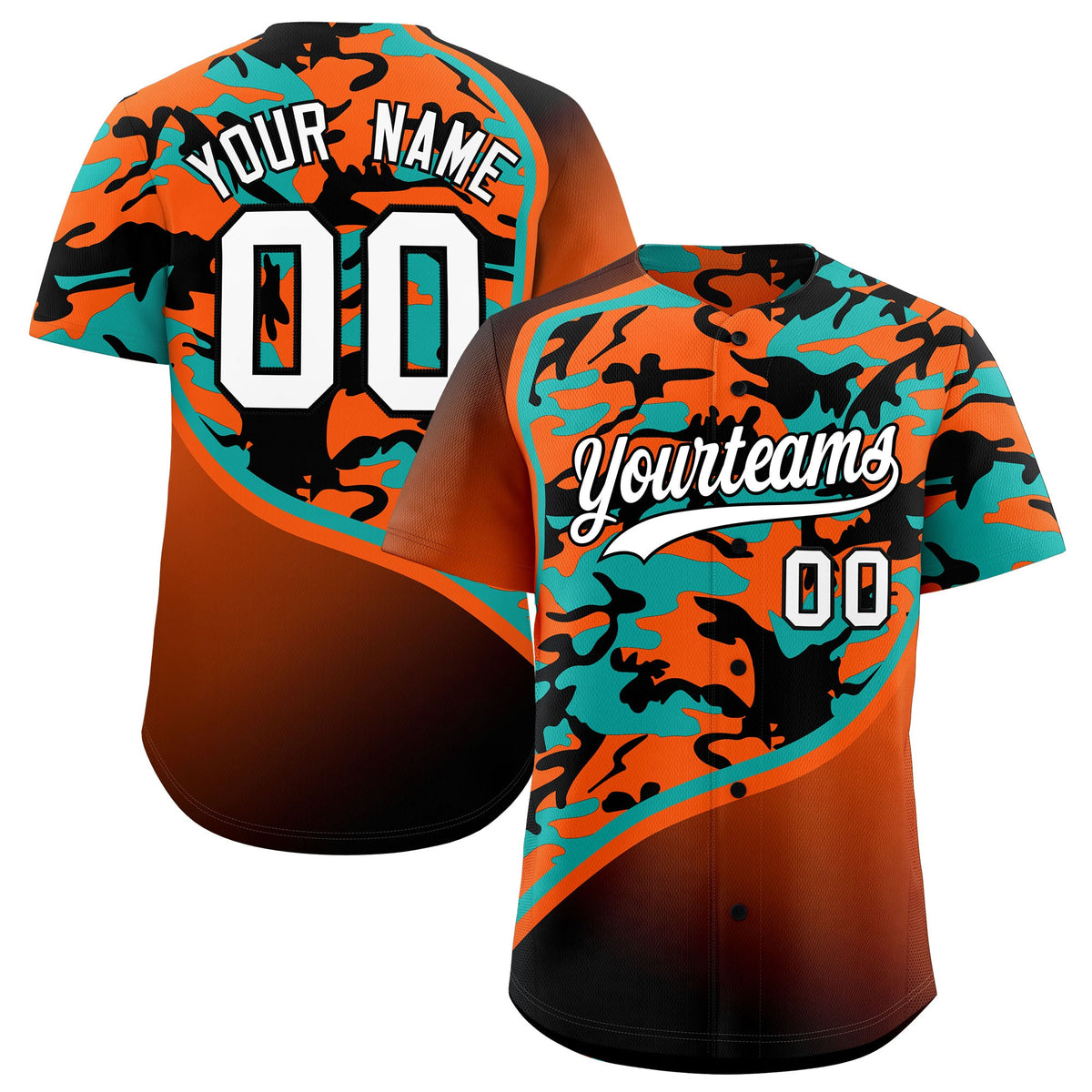 Custom Orange Aqua Black Camo Gradient Fashion Baseball Jersey | Perfect for Training,Sublimation Printed &amp; Stitched,Add Name and Numbern,Perfect for Teams | KXKSHOP