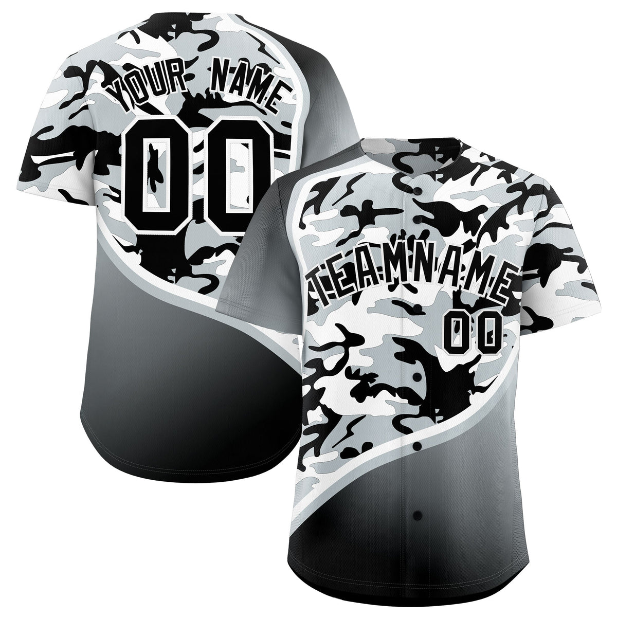 Custom Black Silver White Camo Gradient Fashion Baseball Jersey | Perfect for Training,Sublimation Printed &amp; Stitched,Add Name and Numbern,Perfect for Teams | KXKSHOP