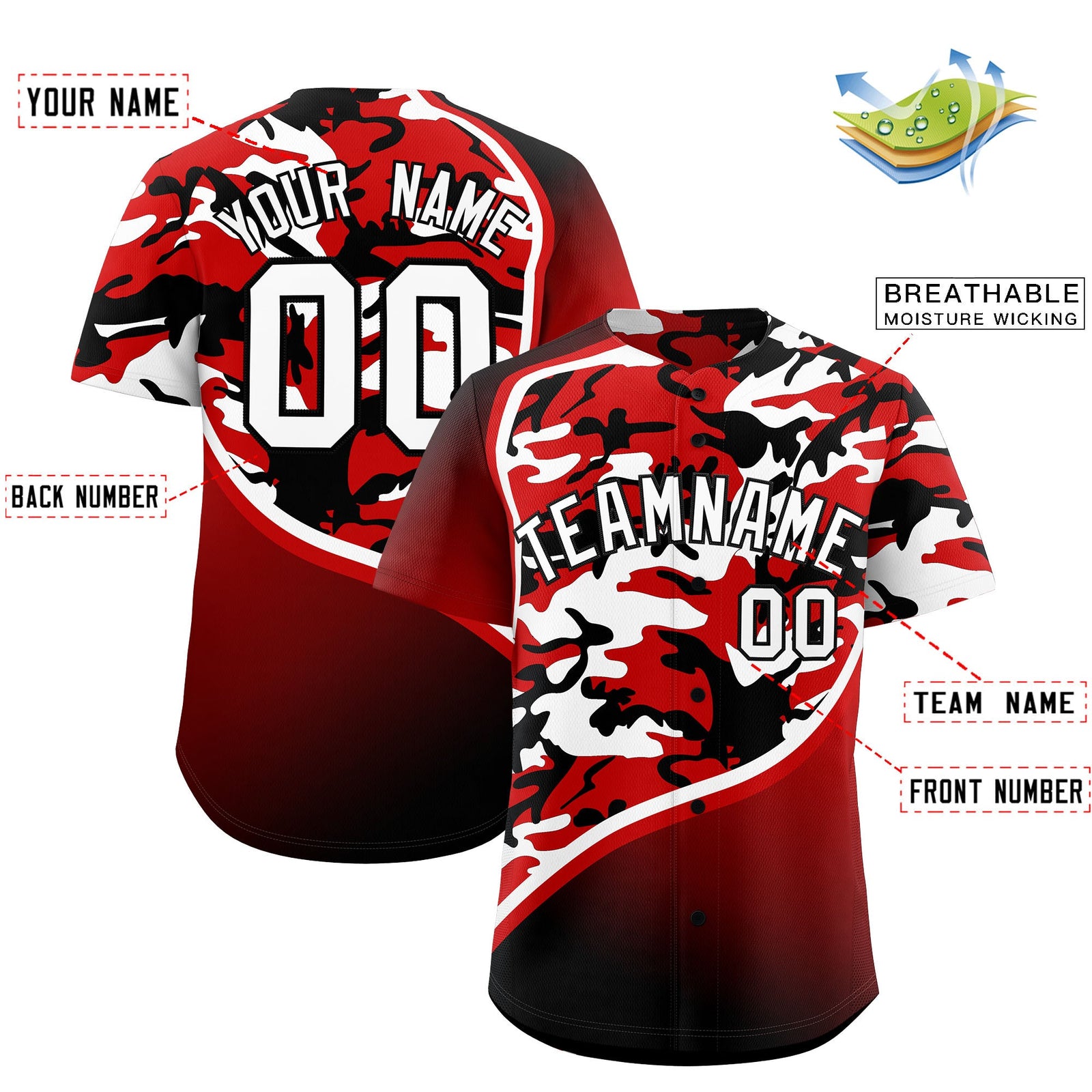 Custom Black White Red Camo Gradient Fashion Baseball Jersey | Perfect for Training,Sublimation Printed & Stitched,Add Name and Numbern,Perfect for Teams | KXKSHOP
