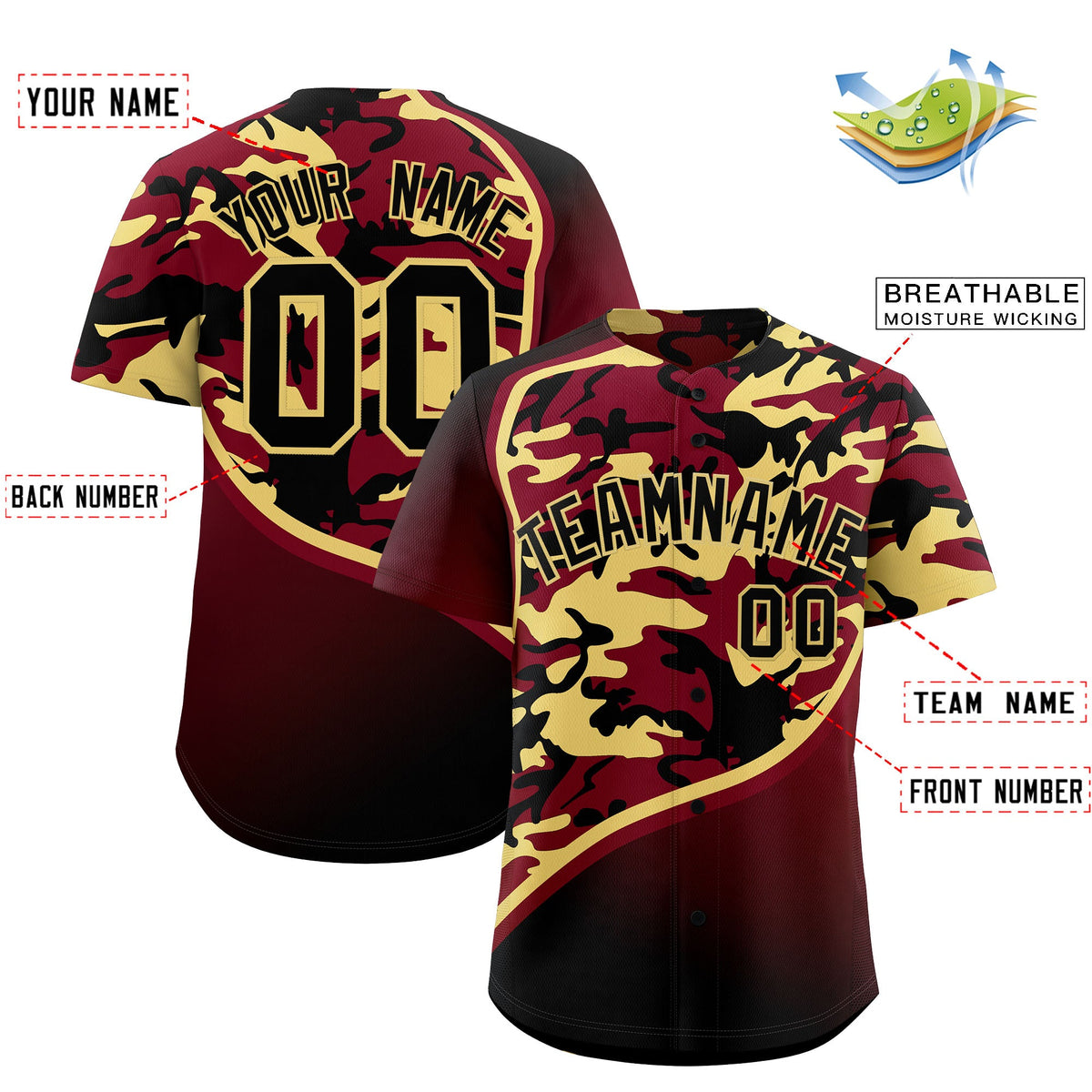 Custom Khaki Crimson Black Camo Gradient Fashion Baseball Jersey | Perfect for Training,Sublimation Printed &amp; Stitched,Add Name and Numbern,Perfect for Teams | KXKSHOP
