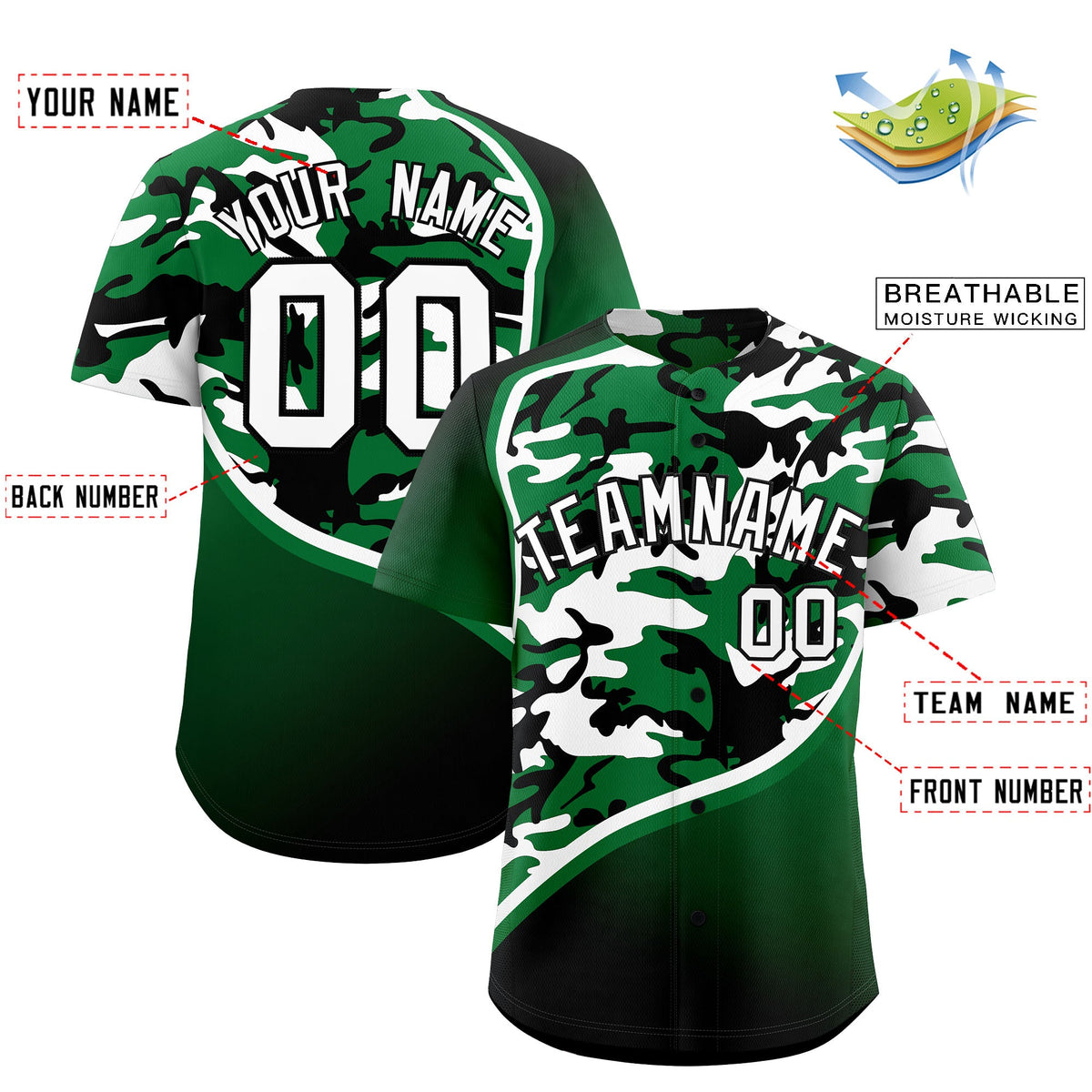 Custom Kelly Green White Black Camo Gradient Fashion Baseball Jersey | Perfect for Training,Sublimation Printed &amp; Stitched,Add Name and Numbern,Perfect for Teams | KXKSHOP