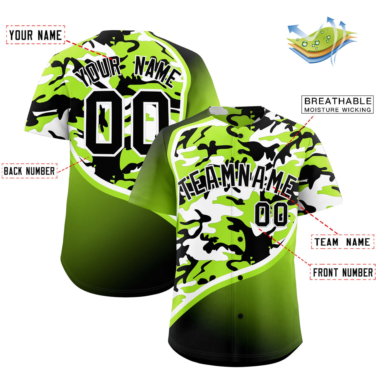 Custom Neon Green Black White Camo Gradient Fashion Baseball Jersey | Perfect for Training,Sublimation Printed &amp; Stitched,Add Name and Numbern,Perfect for Teams | KXKSHOP