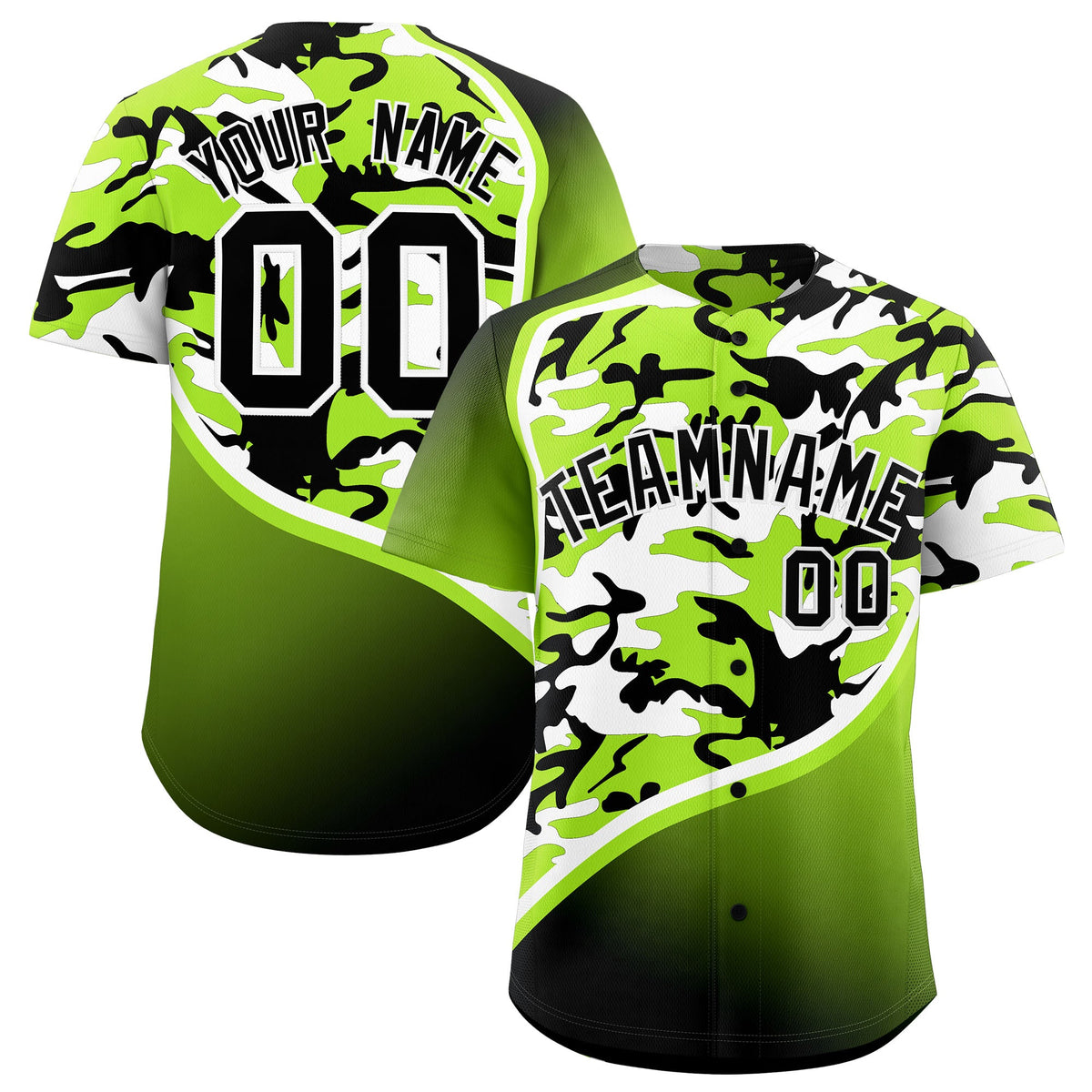 Custom Neon Green Black White Camo Gradient Fashion Baseball Jersey | Perfect for Training,Sublimation Printed &amp; Stitched,Add Name and Numbern,Perfect for Teams | KXKSHOP