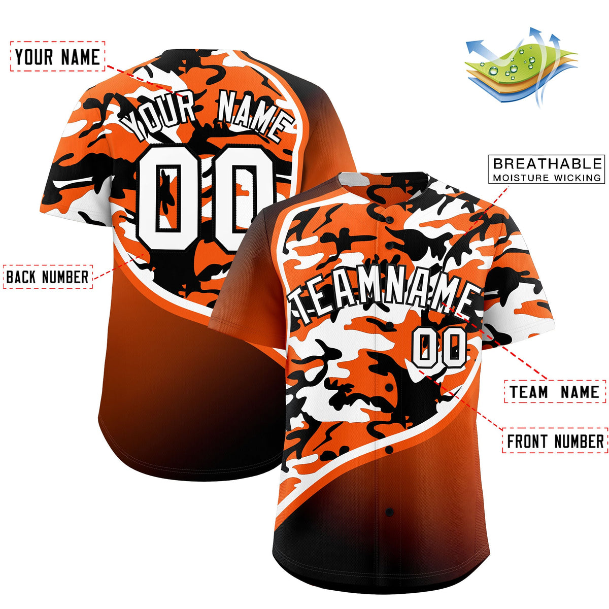 Custom Orange White Black Camo Gradient Fashion Baseball Jersey | Perfect for Training,Sublimation Printed &amp; Stitched,Add Name and Numbern,Perfect for Teams | KXKSHOP
