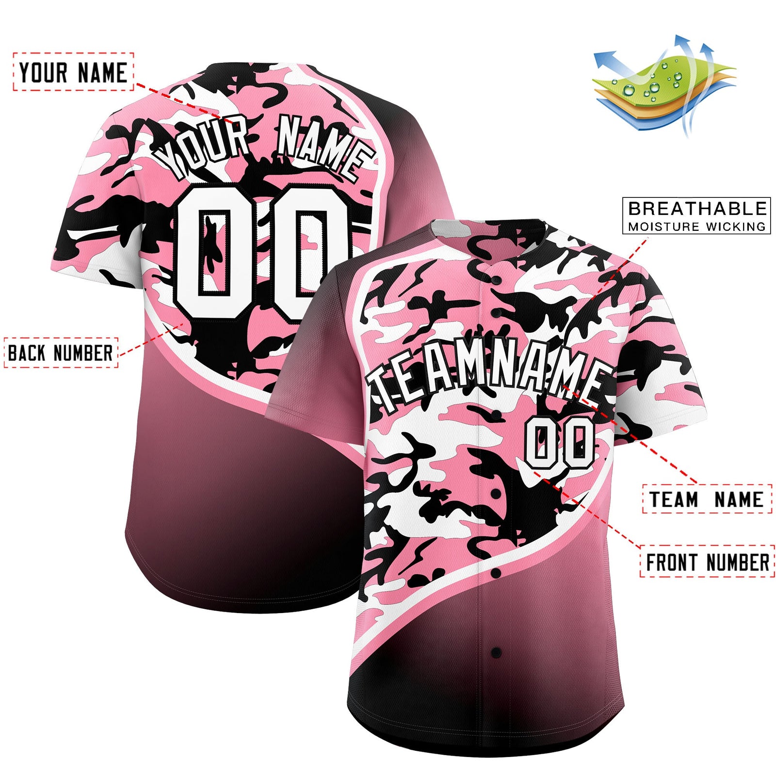 Custom Light Pink Black White Camo Gradient Fashion Baseball Jersey | Perfect for Training,Sublimation Printed & Stitched,Add Name and Numbern,Perfect for Teams | KXKSHOP