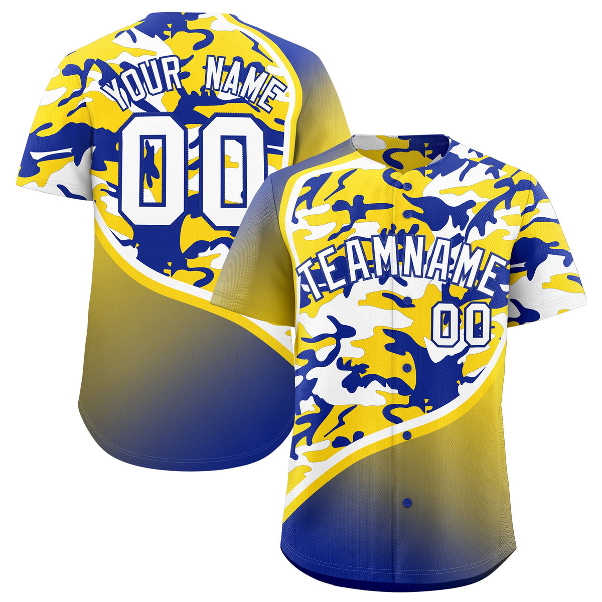 Custom Gold Royal Blue White Camo Gradient Fashion Baseball Jersey | Perfect for Training,Sublimation Printed &amp; Stitched,Add Name and Numbern,Perfect for Teams | KXKSHOP